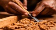 Craftsman carving a floral pattern into wood by hand