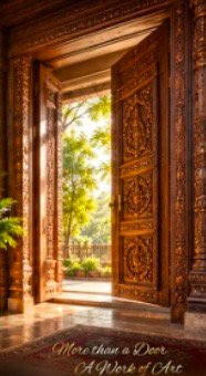Hand-carved teak main door opening onto a sunlit garden