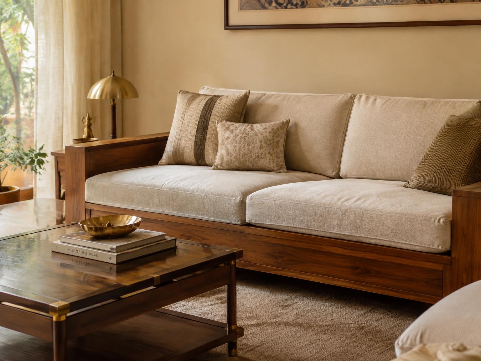 Teak wood sofa with linen cushions beside a walnut coffee table with brass details